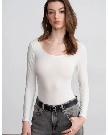 Body din jerseu modal  slim fit, alb, maneca lunga, elastic, pentru femei