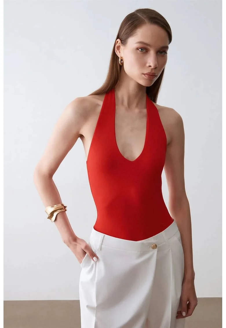Body  cu Decupaj, Guler Halter, Rosu, 93% nailon, 7% elastan