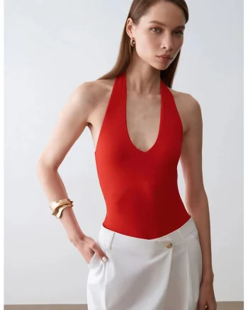Body  cu Decupaj, Guler Halter, Rosu, 93% nailon, 7% elastan