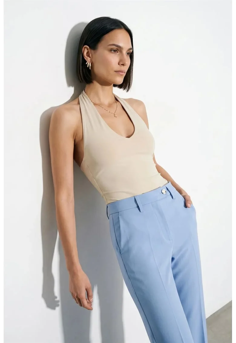 Body  femei, casual, guler halter, decupaje, bej natural, 93% nailon, 7% elastan