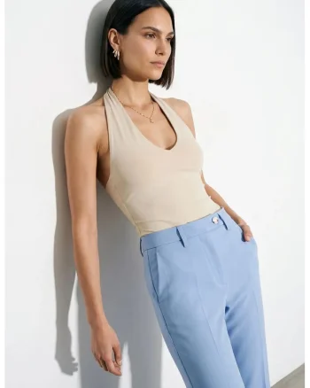 Body  femei, casual, guler halter, decupaje, bej natural, 93% nailon, 7% elastan
