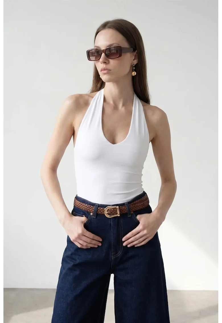 Body  femei, guler halter, decupaje, alb, 93% nailon, 7% elastan