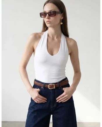 Body  femei, guler halter, decupaje, alb, 93% nailon, 7% elastan