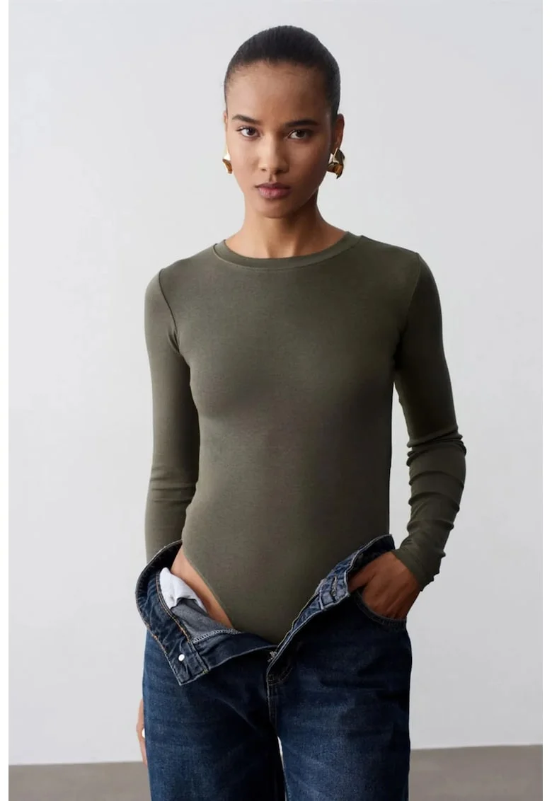 Body  femei, slim fit, verde masliniu, jerseu, maneca lunga