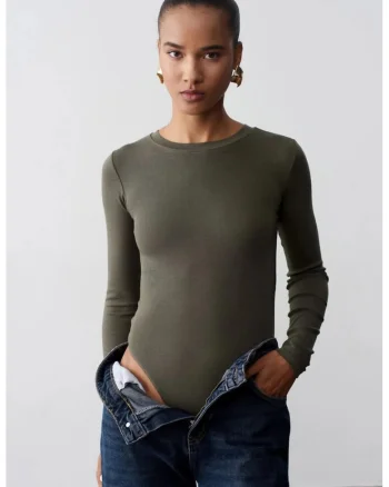 Body  femei, slim fit, verde masliniu, jerseu, maneca lunga