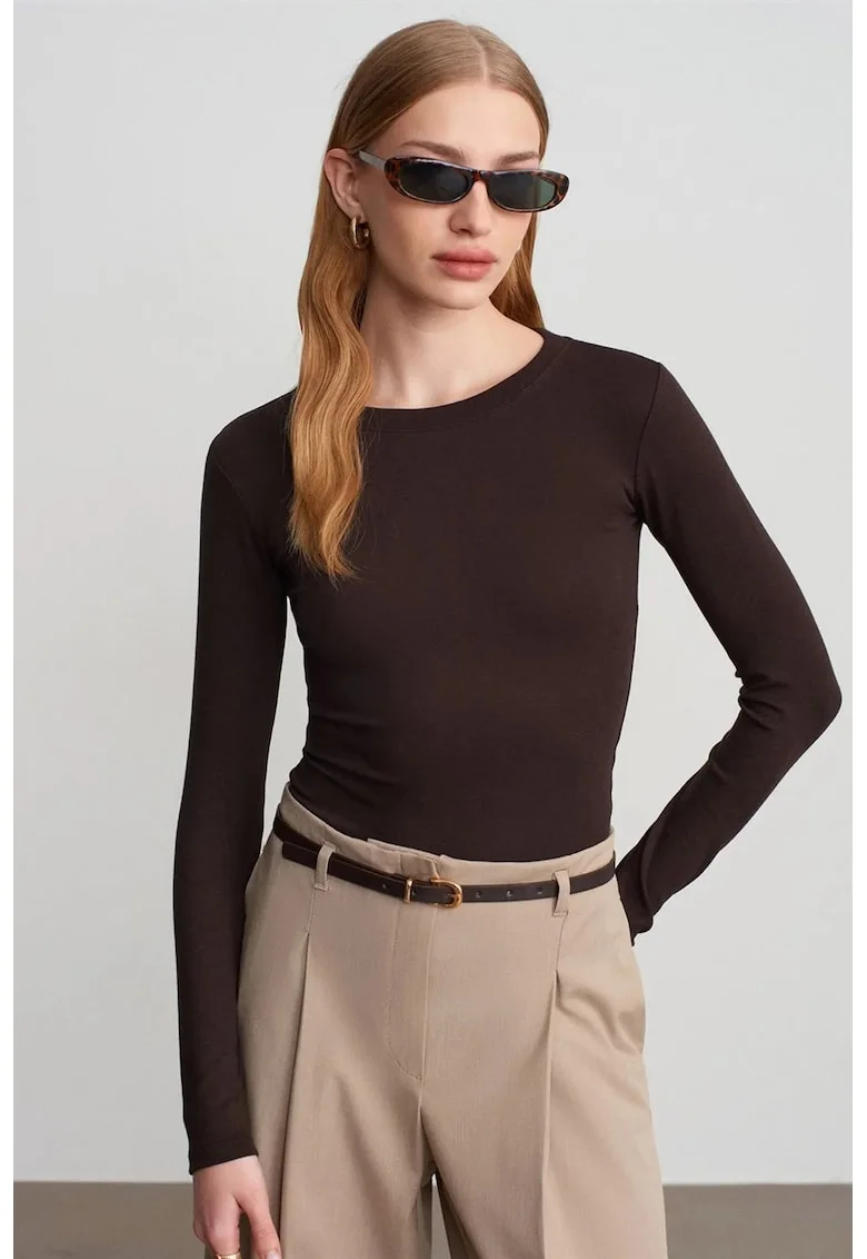 Body din jerseu  slim fit, maneca lunga, maro cafea, bumbac/modal/elastan