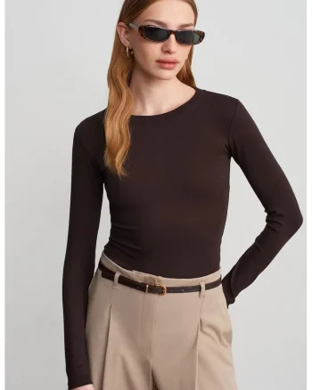 Body din jerseu  slim fit, maneca lunga, maro cafea, bumbac/modal/elastan