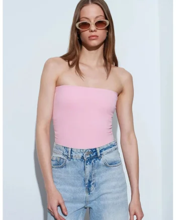 Top Bandeau Bodycon  Slim fit, Roz Pudra, Bumbac cu Elastan