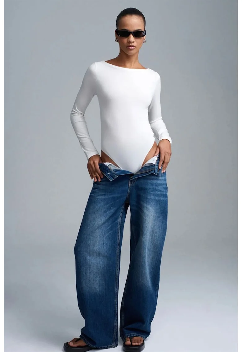 Body  slim fit, decolteu barca, alb, lycra
