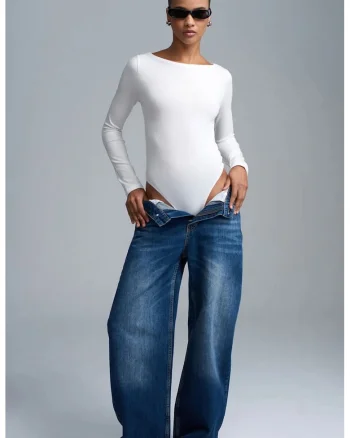 Body  slim fit, decolteu barca, alb, lycra