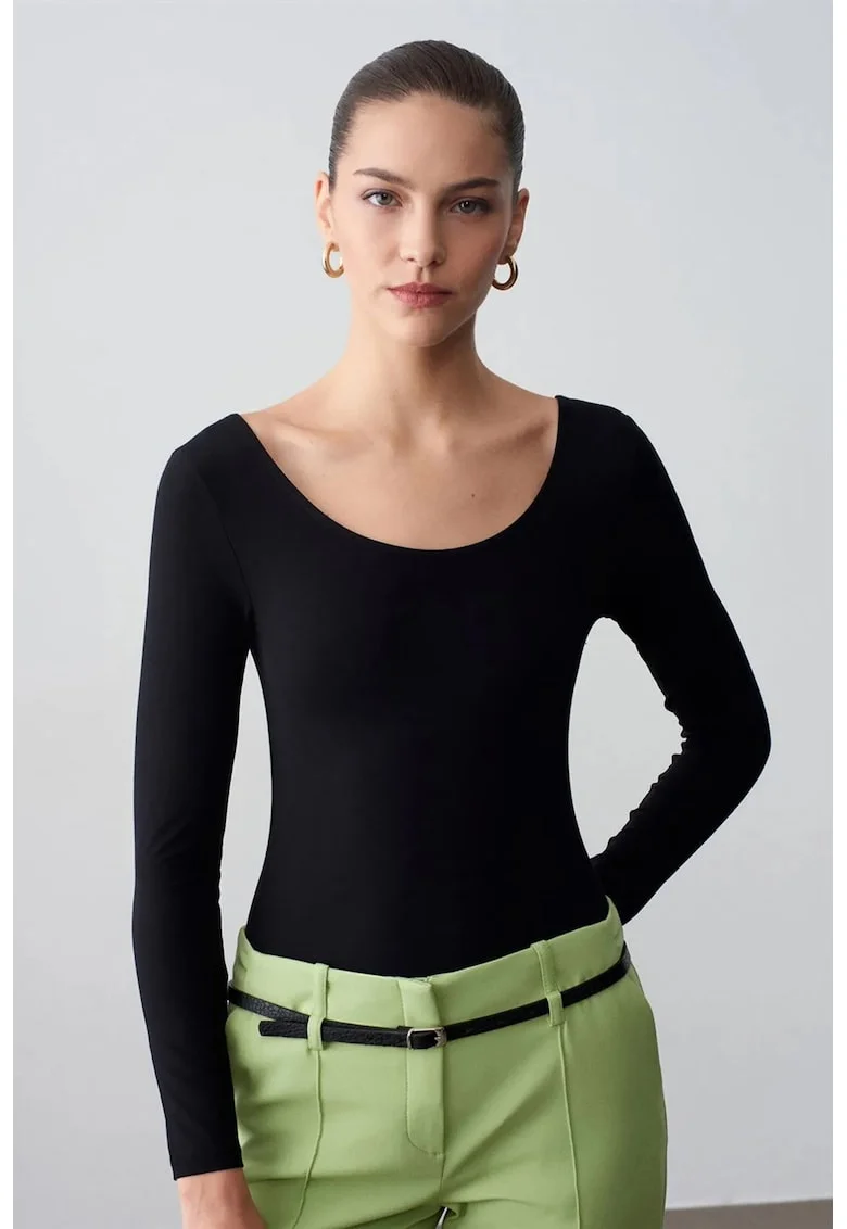 Body  slim fit, maneca lunga, negru, jerseu modal