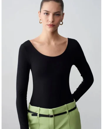 Body  slim fit, maneca lunga, negru, jerseu modal