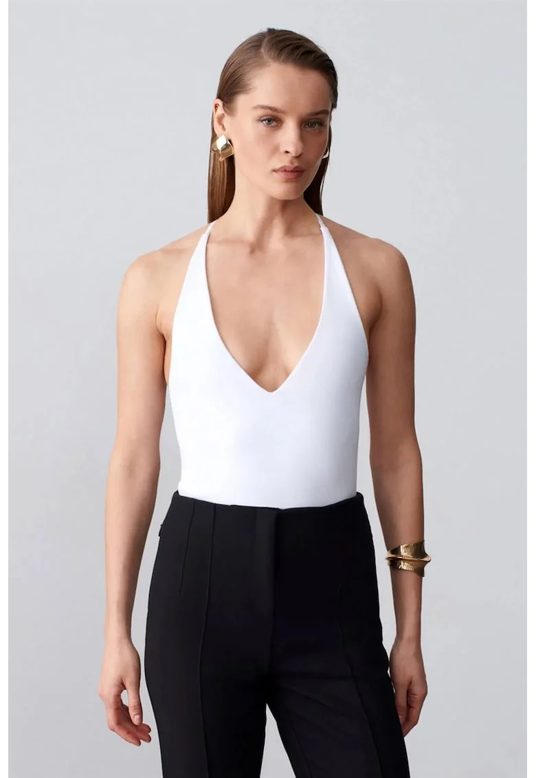 Body  Slim Fit cu Decupaje, Alb, 95% bumbac, 5% elastan