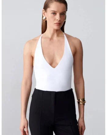 Body  Slim Fit cu Decupaje, Alb, 95% bumbac, 5% elastan