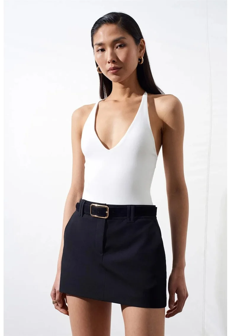 Body  Slim Fit cu Decupaje, Alb, Bumbac-Elastan, Femei