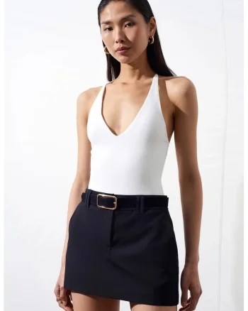 Body  Slim Fit cu Decupaje, Alb, Bumbac-Elastan, Femei