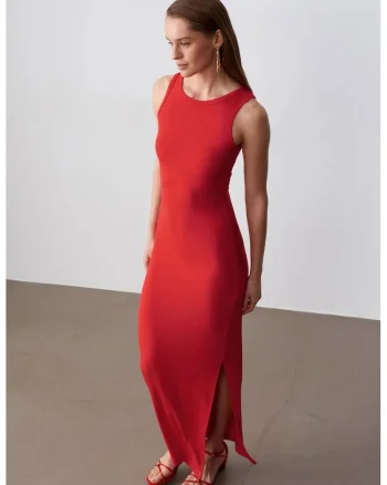 Rochie Maxi,  Bodycon, Casual, Rosu, 97% viscoza, 3% elastan