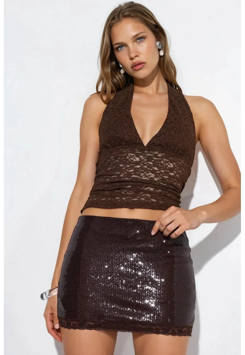 Fusta mini  bodycon cu paiete, neagra, poliester cu lycra