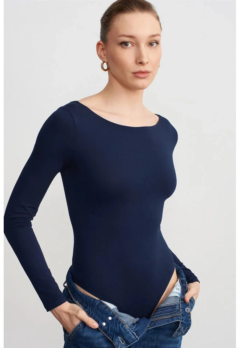 Body  slim fit, decolteu barca, albastru marin, lycra