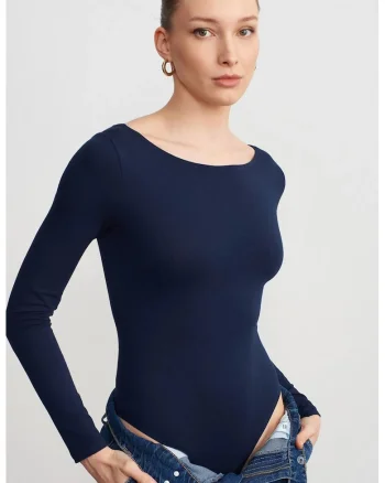 Body  slim fit, decolteu barca, albastru marin, lycra