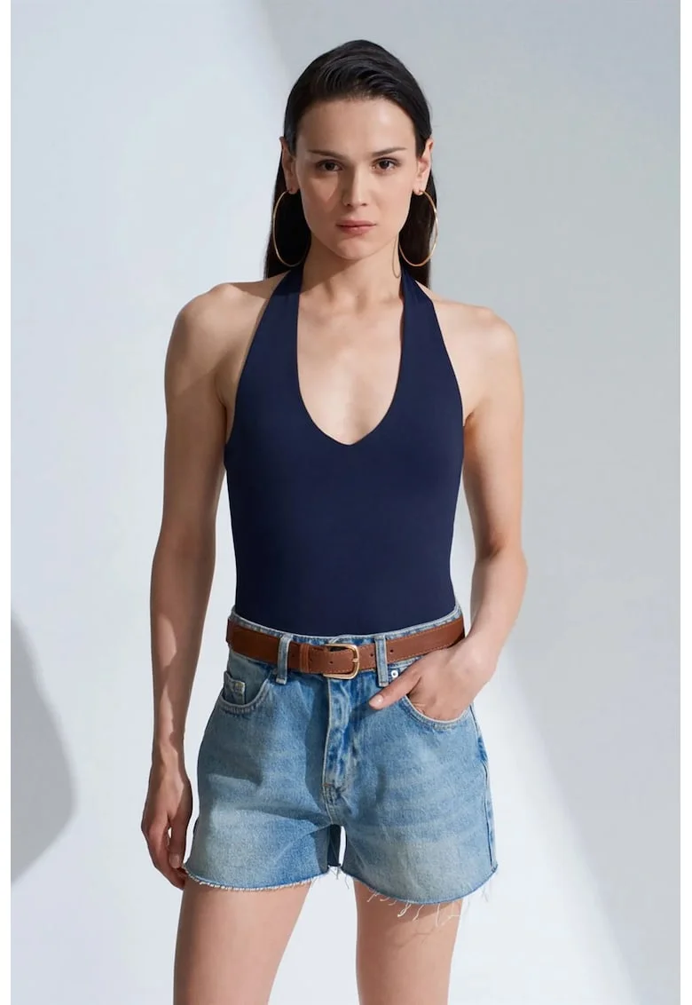Body  slim-fit, decupaj, albastru marin, jerseu subtire de lycra
