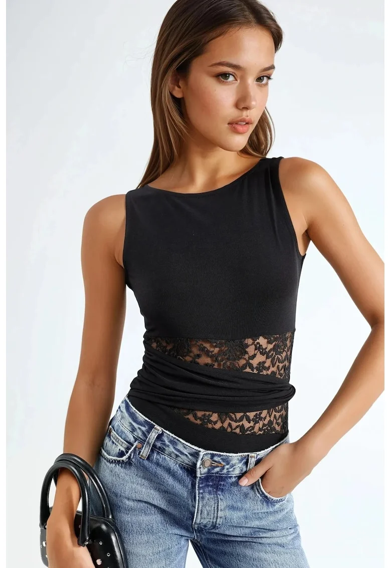 Body  body decupat, elegant, negru, poliester-elastan
