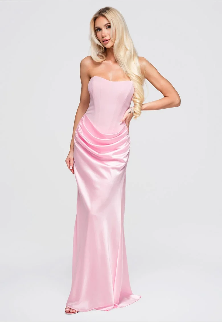 Rochie maxi, de seara cu bustiera, fara bretele, satinata, ajustata