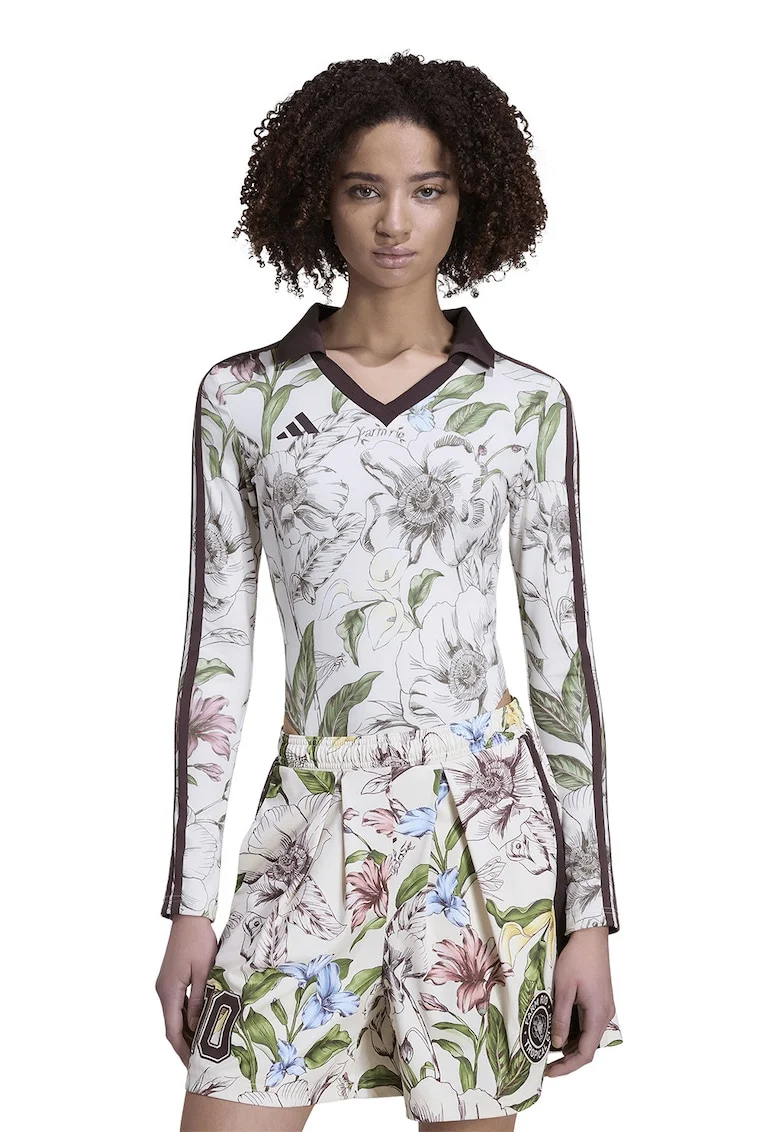 Body cu model floral si decolteu in V, Alb/Maro inchis/Verde stins