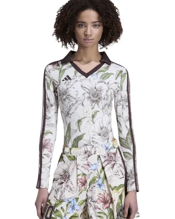 Body cu model floral si decolteu in V, Alb/Maro inchis/Verde stins
