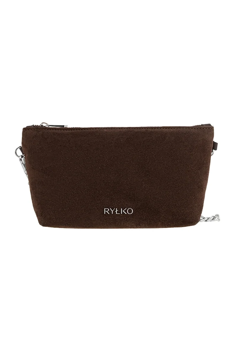 Geanta crossbody din piele intoarsa si piele cu bareta din lant, Maro inchis