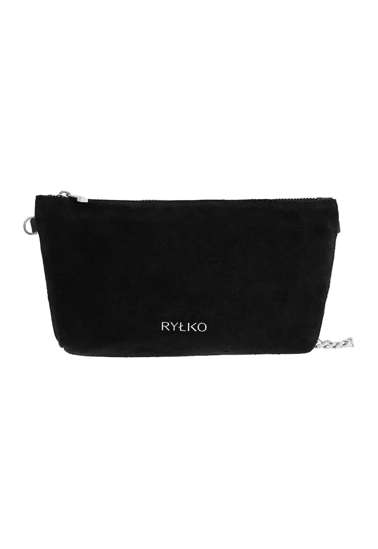 Geanta crossbody din piele intoarsa si piele cu bareta din lant, Negru