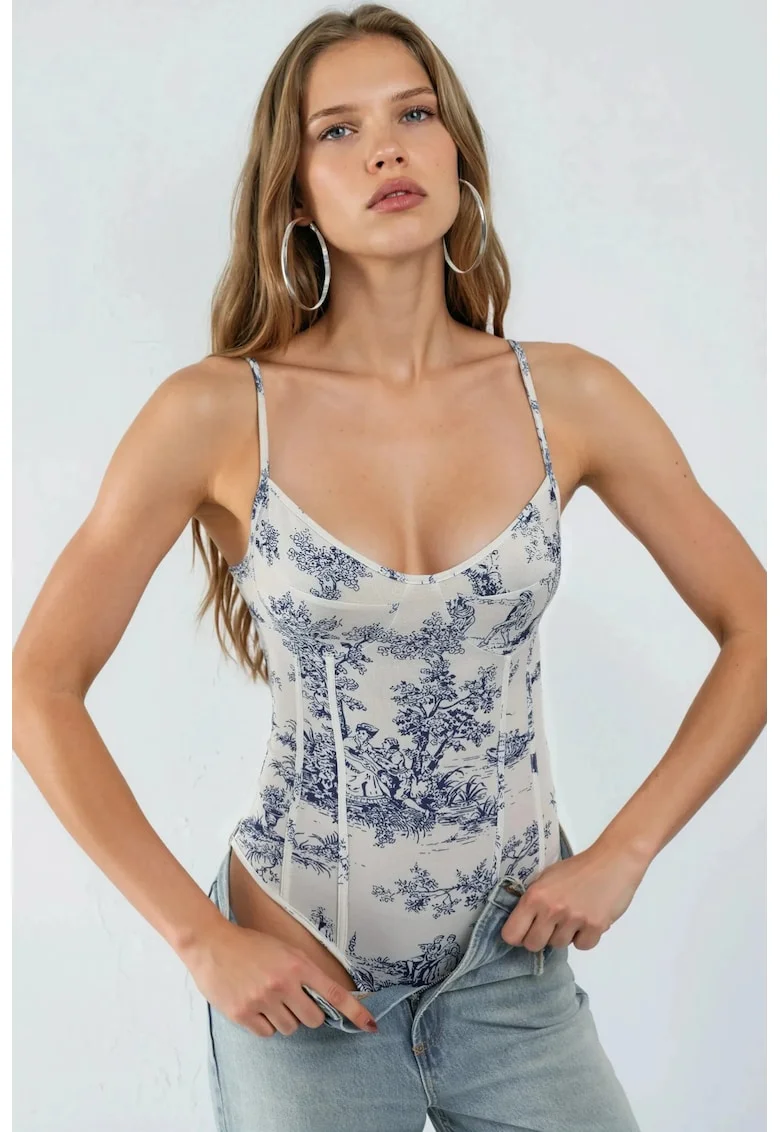 Body,  cu decolteu in V, model, albastru, bumbac