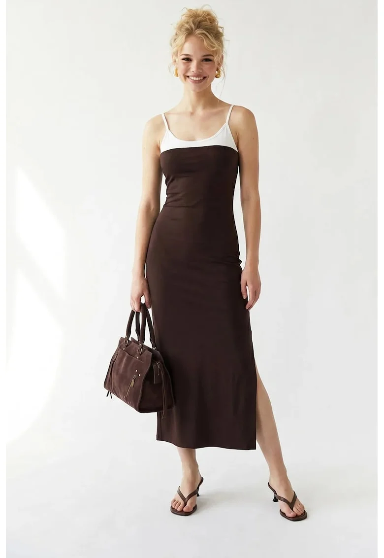 Rochie Midi,  Bodycon, Fara Maneci, Maro Cafea, Bumbac si Lycra