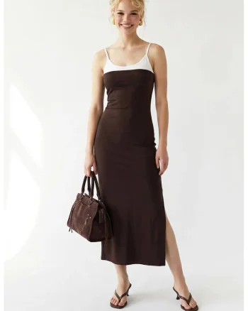 Rochie Midi,  Bodycon, Fara Maneci, Maro Cafea, Bumbac si Lycra