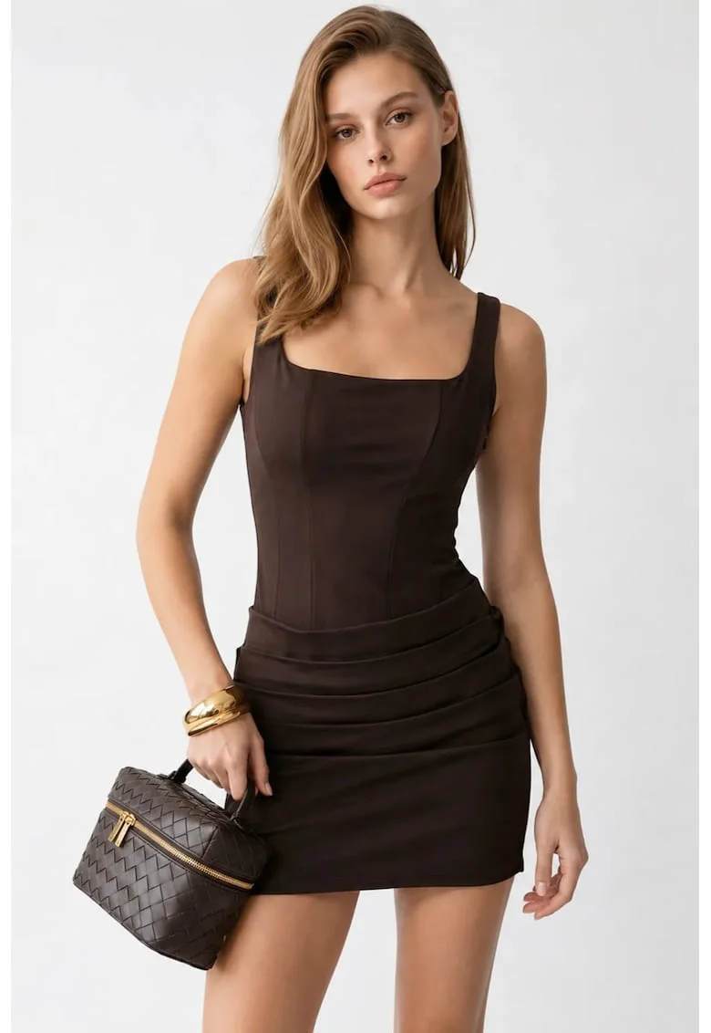 Rochie Mini Bodycon Femei  Maro Cafea, Drapaj, Bumbac-Poliester-Lycra
