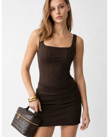 Rochie Mini Bodycon Femei  Maro Cafea, Drapaj, Bumbac-Poliester-Lycra