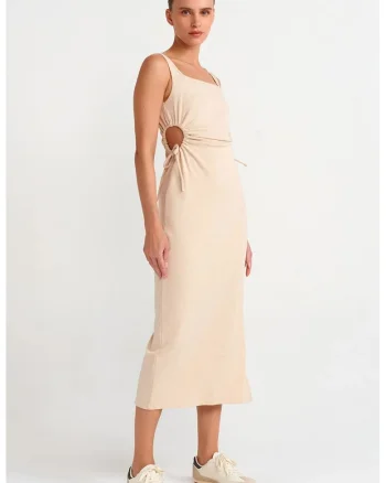 Rochie Midi Bodycon Femei,  Bej Natural, Decupaje, Bumbac/Elastan