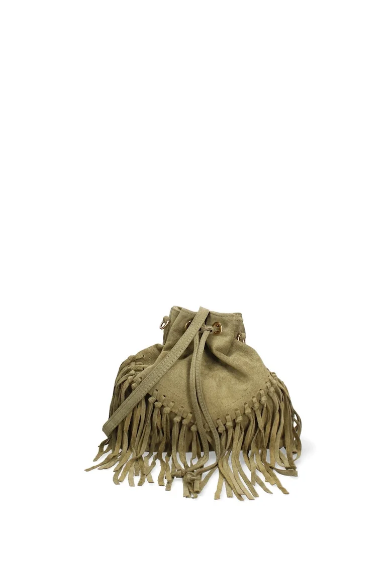 Geanta crossbody din piele intoarsa cu franjuri Umbria, Verde inchis