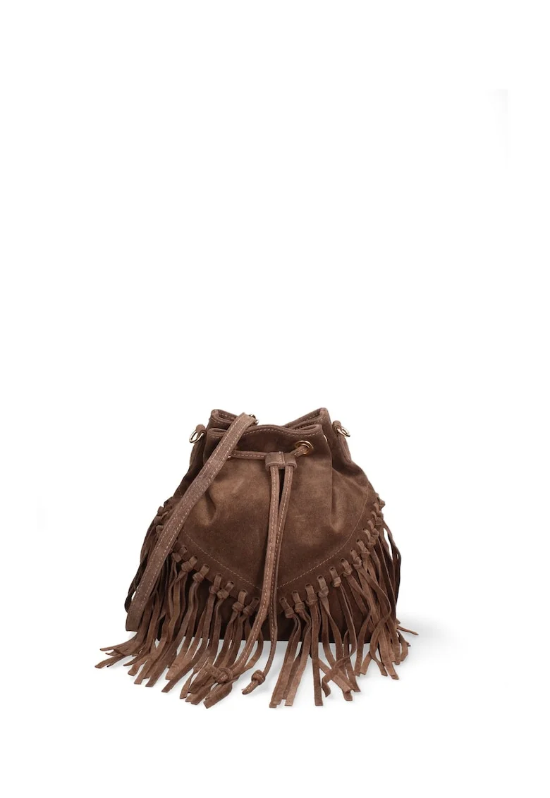 Geanta crossbody din piele intoarsa cu franjuri Umbria, Maro taupe