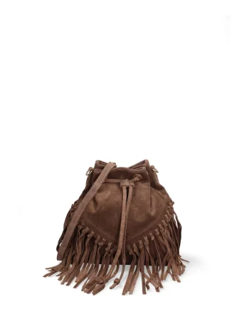 Geanta crossbody din piele intoarsa cu franjuri Umbria, Maro taupe