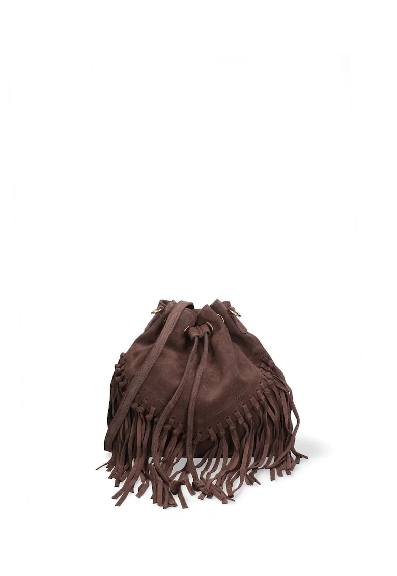 Geanta crossbody din piele intoarsa cu franjuri Umbria, Maro inchis