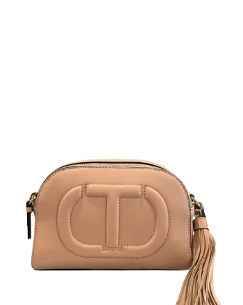Geanta crossbody din piele ecologica cu logo in relief, Nude rose