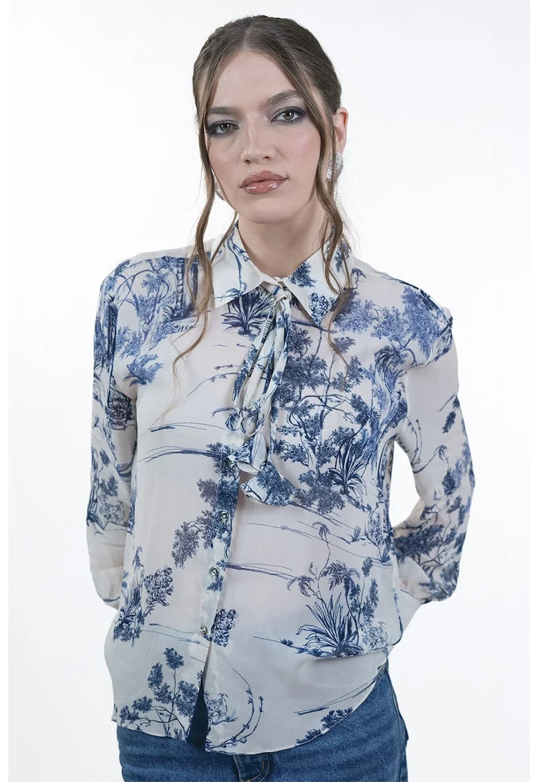Camasa semi-transparenta cu model floral, Alb murdar/Bleumarin