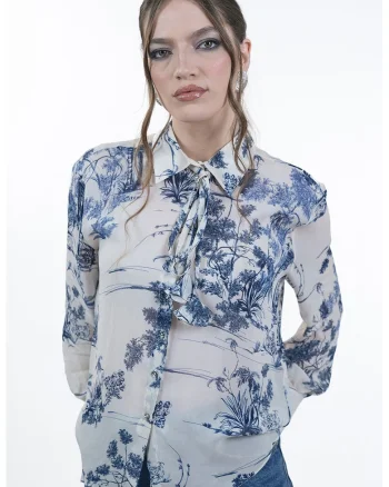 Camasa semi-transparenta cu model floral, Alb murdar/Bleumarin