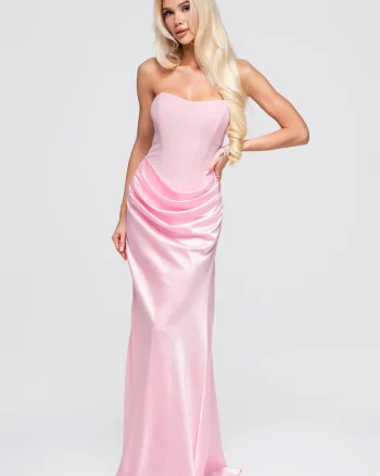 Rochie maxi de seara cu bustiera, fara rami, satinata, ajustata, Roz lucios/Roz
