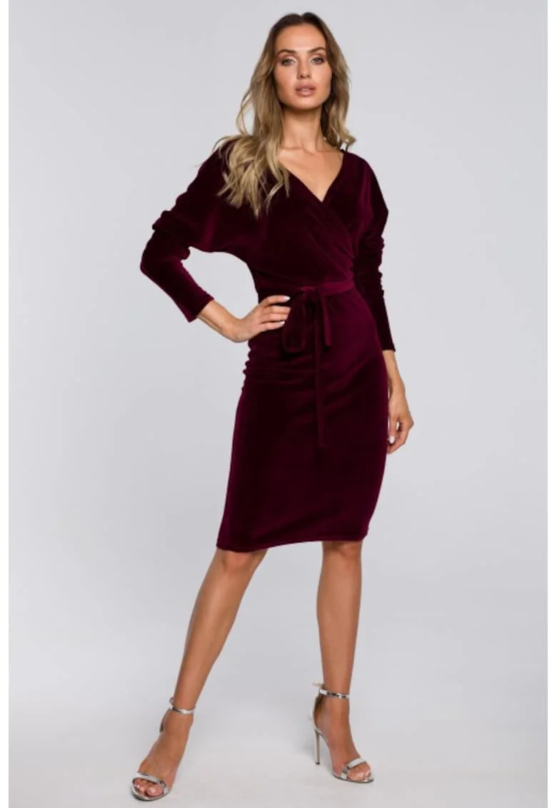 Rochie bodycon din catifea cu decolteu in V,, Rosu