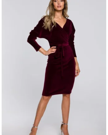 Rochie bodycon din catifea cu decolteu in V,, Rosu