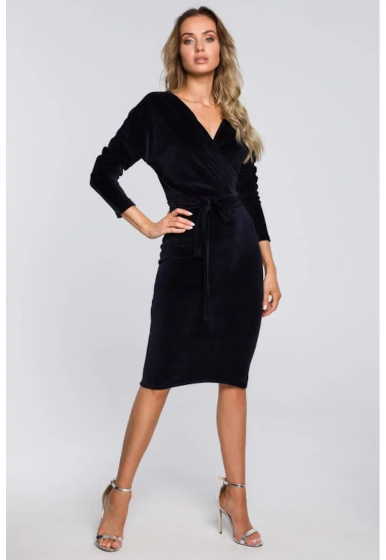 Rochie bodycon din catifea cu decolteu in V,, Albastru
