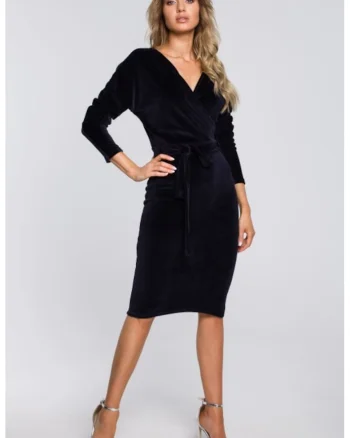 Rochie bodycon din catifea cu decolteu in V,, Albastru
