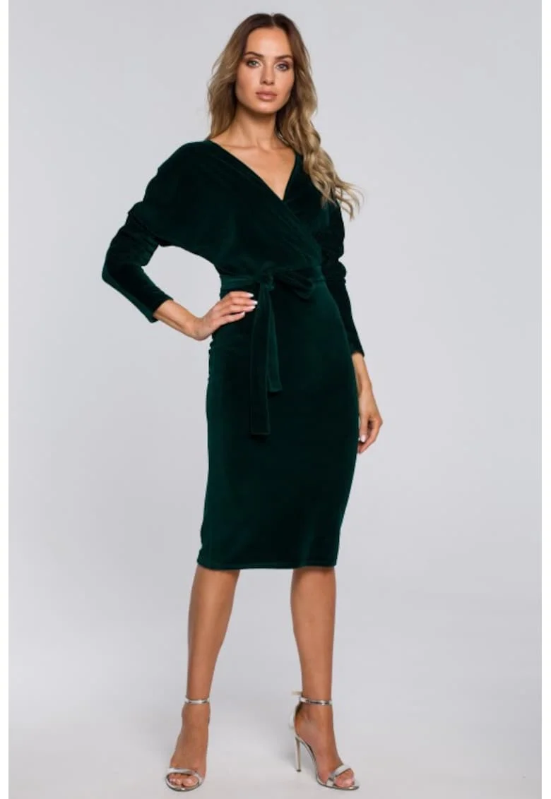 Rochie bodycon din catifea cu decolteu in V,, Verde